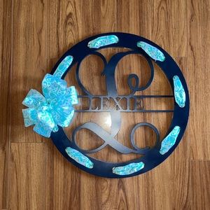 Lexie Name Sign | Navy with Teal & white ribbon | 20 inch diameter